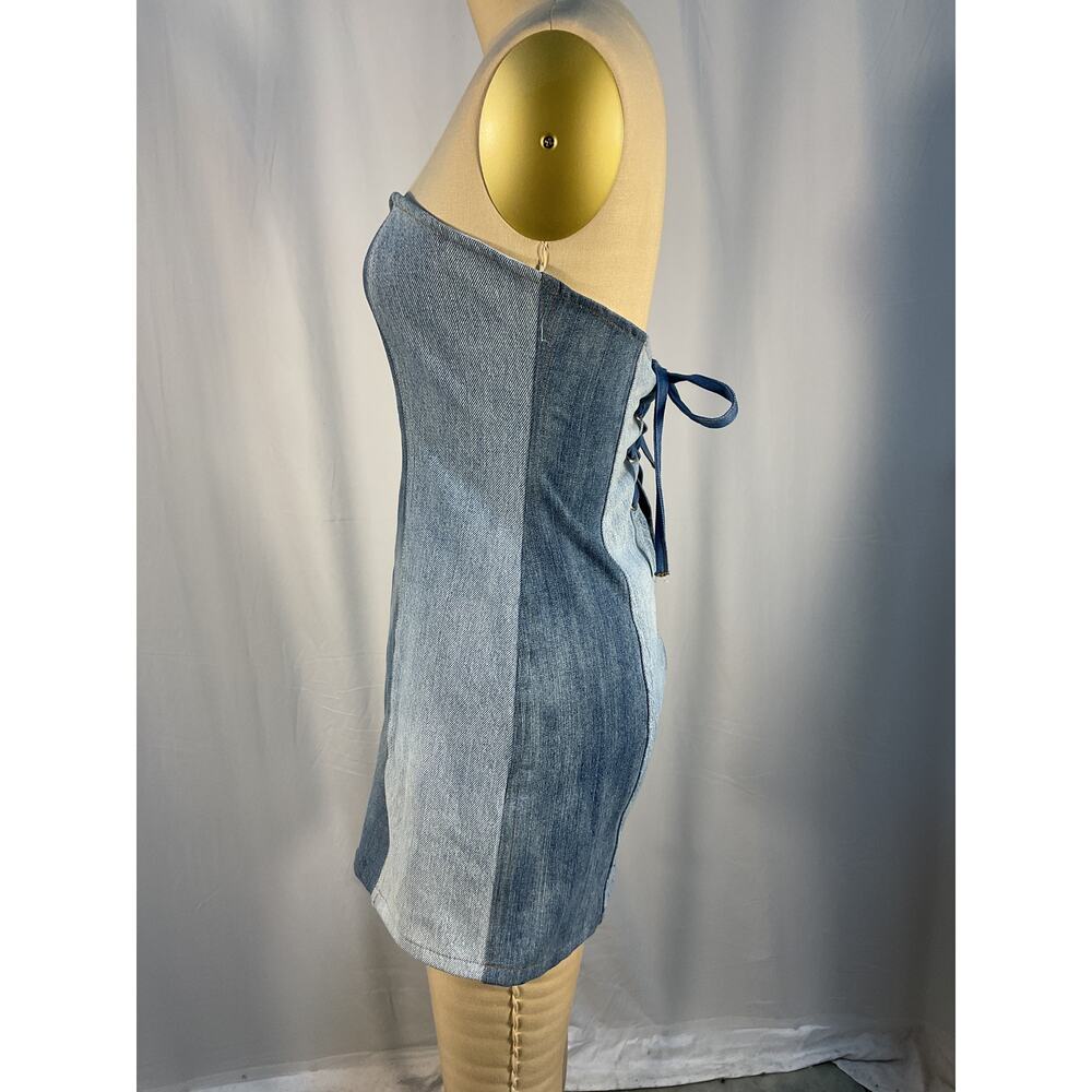 Eb Denim Blue Strapless Mini Patchwork Dress Size… - image 3